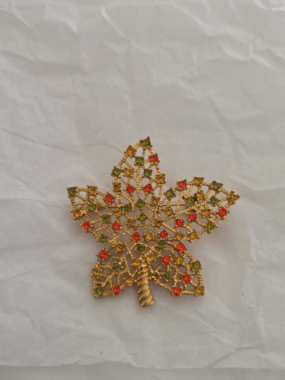 Vintage Gold Tone Leaf Brooch with Red and Green Stones